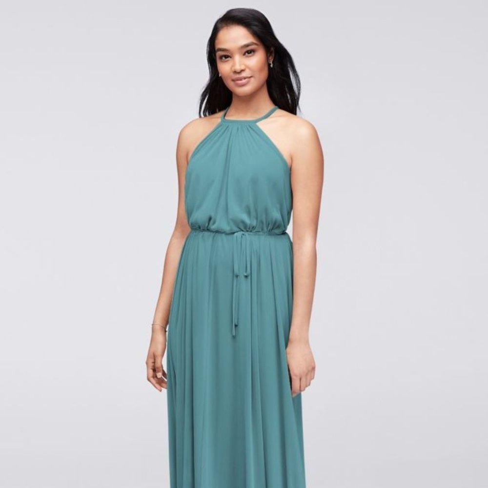 David's Bridal Teal Blue Soft Mesh Halter Bridesmaid Dress